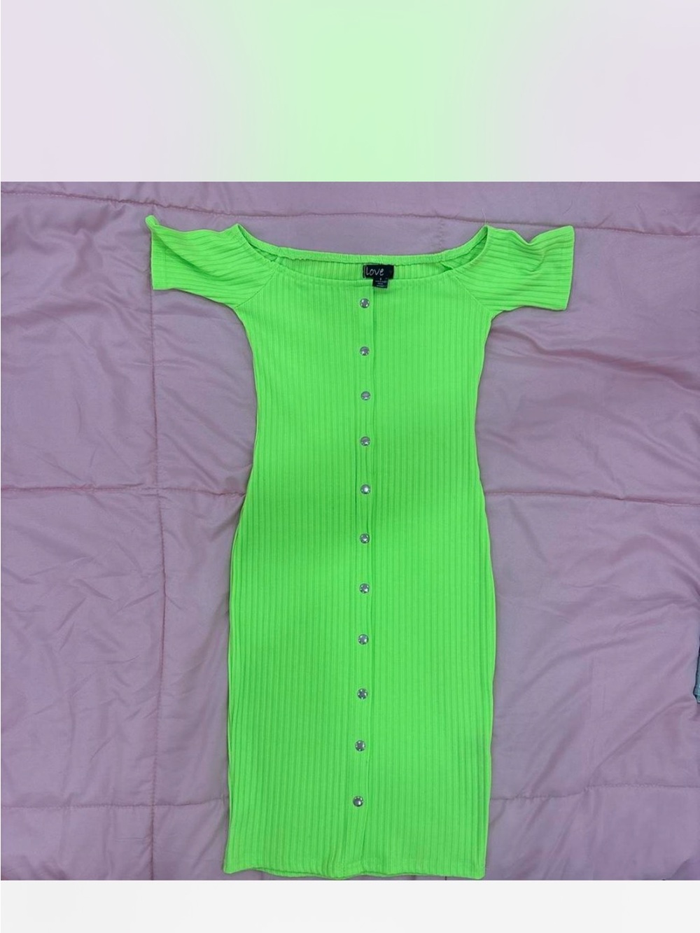 Love Neon Green Ribbed Button-Front Off-Shoulder Dress